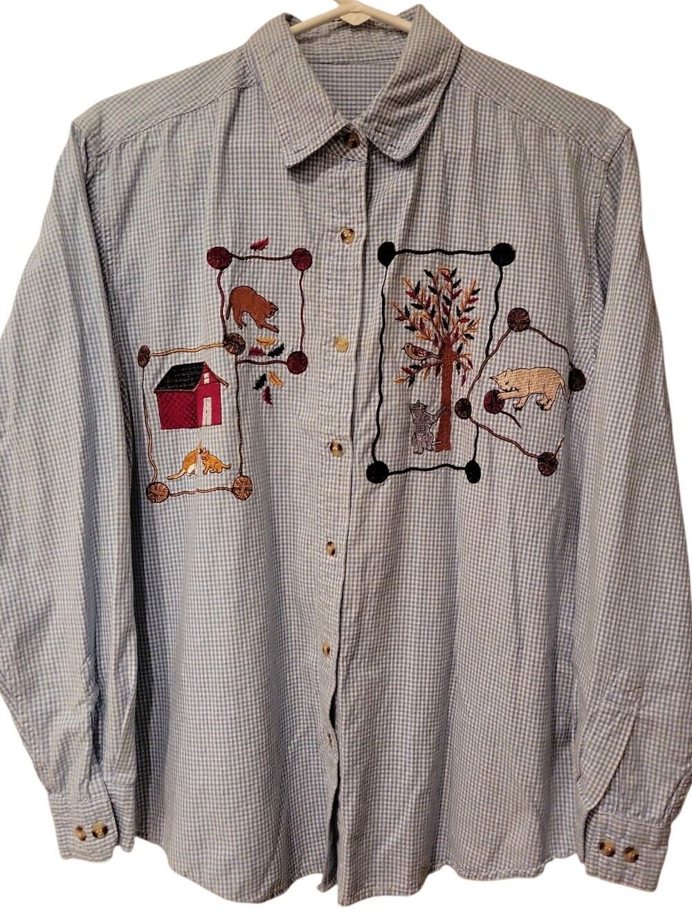 Women's Blue Gingham Button Down Shirt With Cat Embroidery